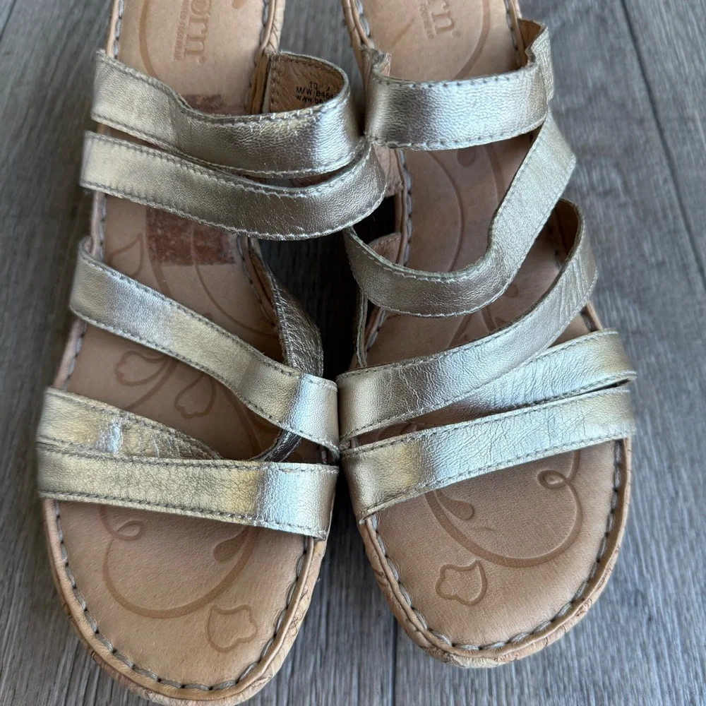 Born Lisi strappy platform wedge sandal heel gold champagne size 10